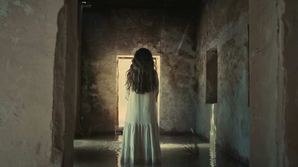 A woman in a white dress stands in a flooded corridor facing a lit doorway